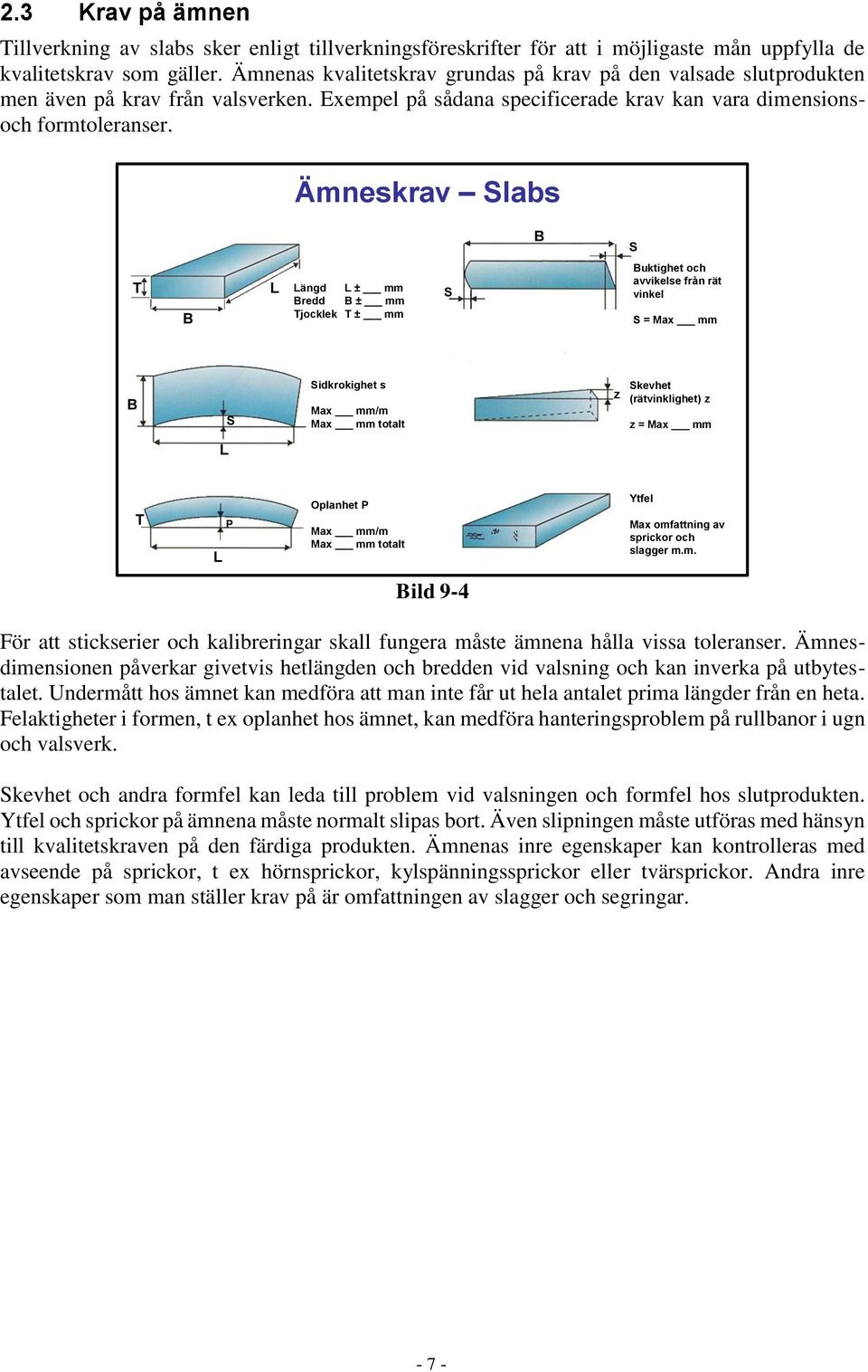 Ämneskrav Slabs B S T L Längd L ± mm Bredd B ± mm B Tjocklek T ± mm S Buktighet och avvikelse från rät vinkel S = Max mm B S Sidkrokighet s Max mm/m Max mm totalt z Skevhet (rätvinklighet) z z = Max