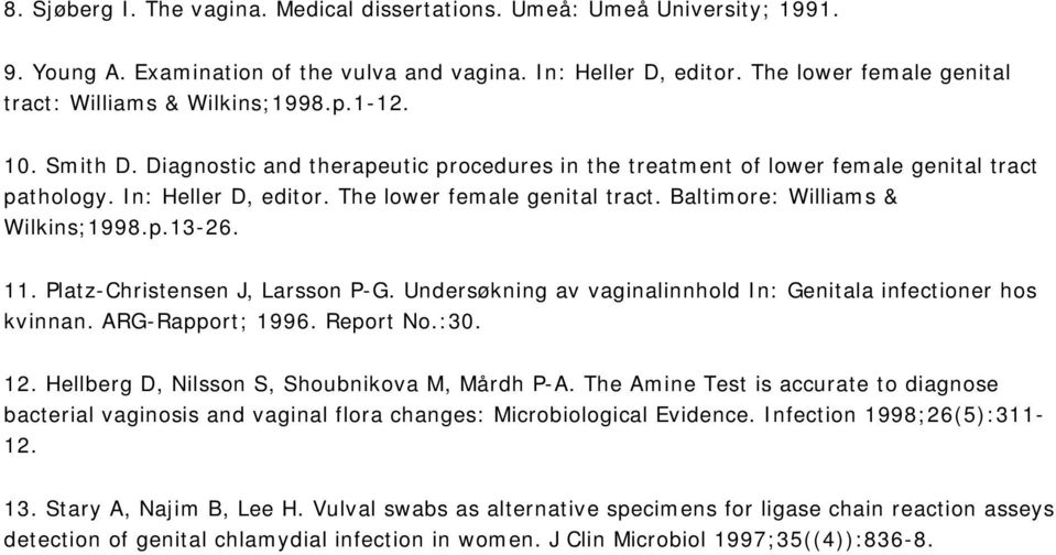 The lower female genital tract. Baltimore: Williams & Wilkins;1998.p.13-26. 11. Platz-Christensen J, Larsson P-G. Undersøkning av vaginalinnhold In: Genitala infectioner hos kvinnan.