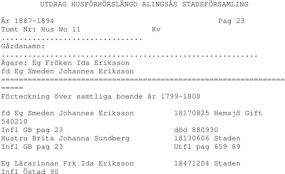 boende år 1799-1808 fd Eg Smeden Johannes Eriksson 18170825 Hemsjö Gift 540210 Infl GB pag