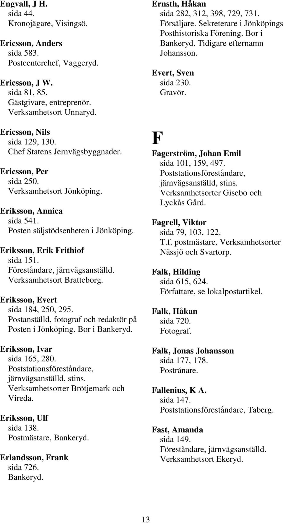 Eriksson, Evert sida 184, 250, 295. Postanställd, fotograf och redaktör på Posten i Bor i Bankeryd. Eriksson, Ivar sida 165, 280. järnvägsanställd, stins. Verksamhetsorter Brötjemark och Vireda.