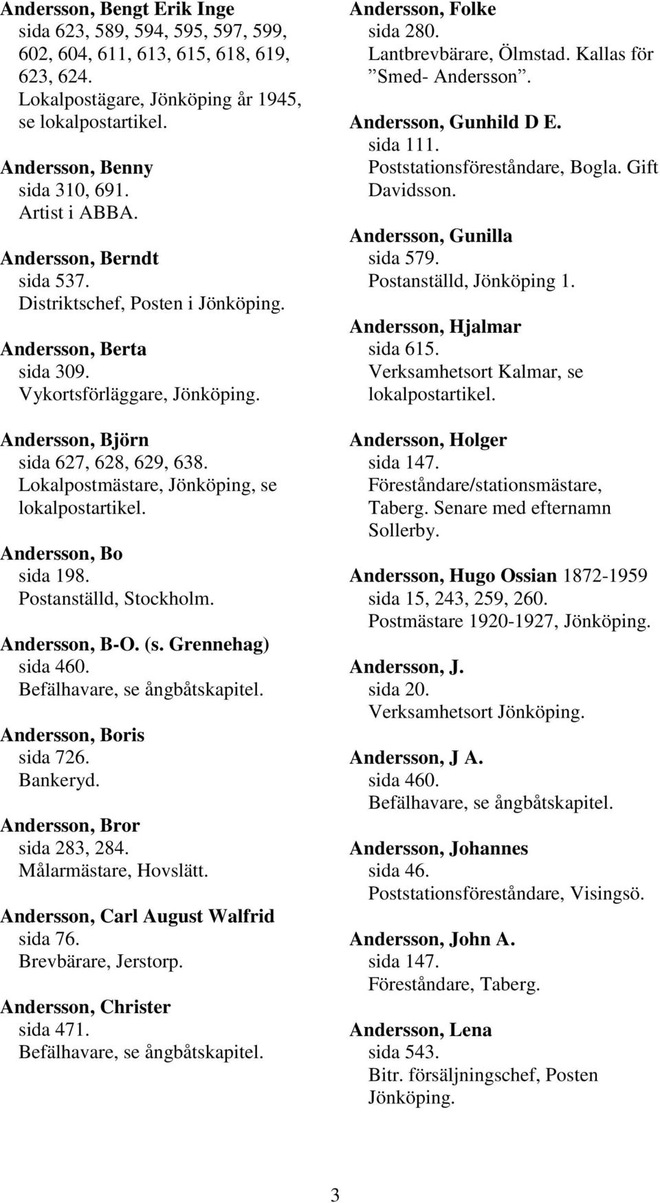 Lokalpostmästare, Jönköping, se lokalpostartikel. Andersson, Bo sida 198. Postanställd, Stockholm. Andersson, B-O. (s. Grennehag) sida 460. Andersson, Boris sida 726. Bankeryd.