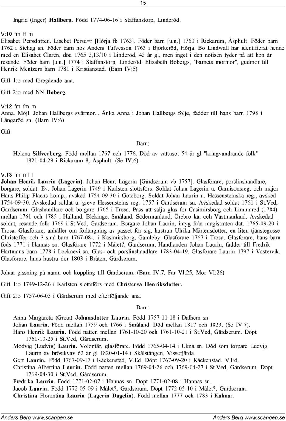 Bo Lindwall har identifierat henne med en Elisabet Clarén, död 1765 3,13/10 i Linderöd, 43 år gl, men inget i den notisen tyder på att hon är resande. Föder barn [u.n.] 1774 i Staffanstorp, Linderöd.