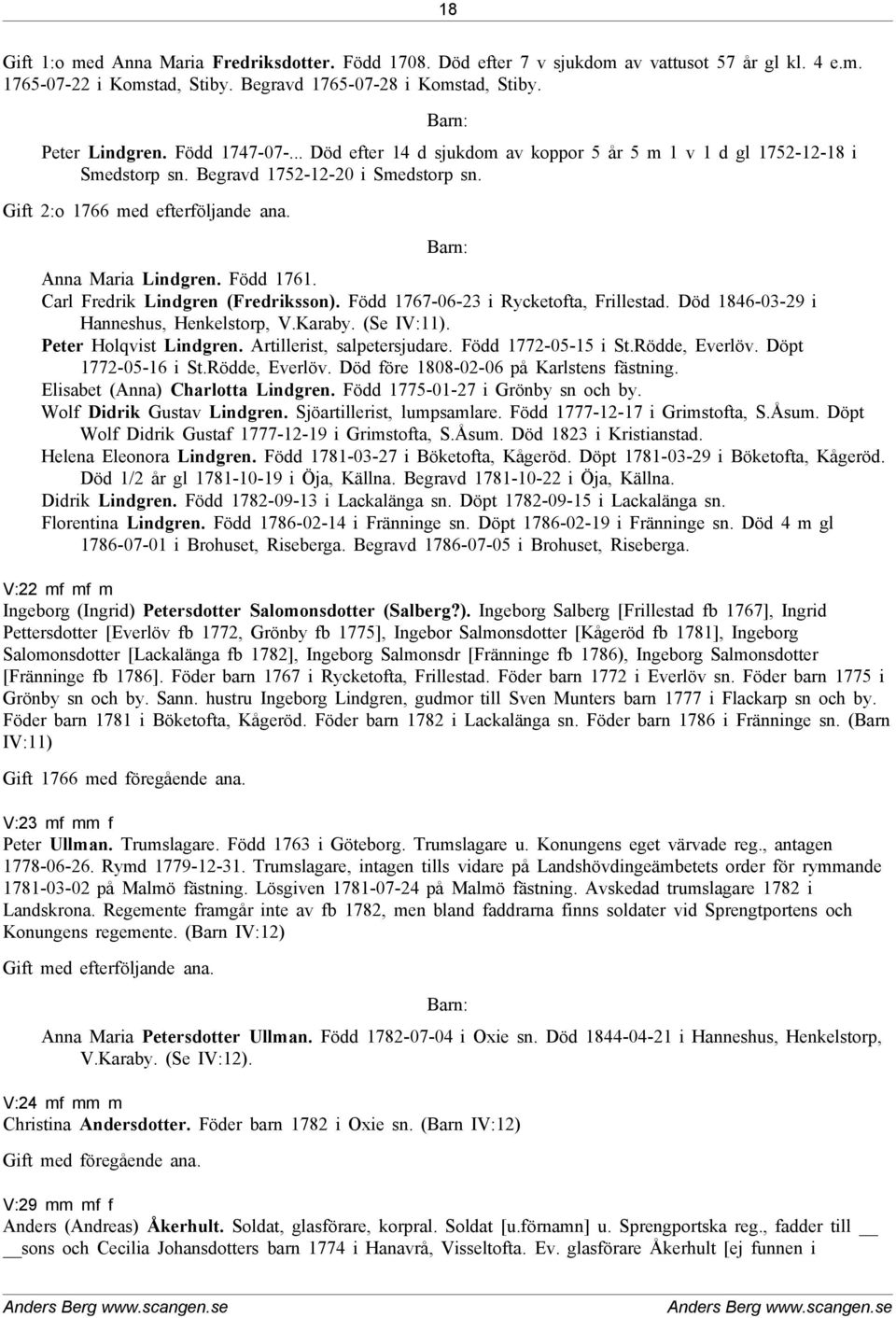 Carl Fredrik Lindgren (Fredriksson). Född 1767-06-23 i Rycketofta, Frillestad. Död 1846-03-29 i Hanneshus, Henkelstorp, V.Karaby. (Se IV:11). Peter Holqvist Lindgren. Artillerist, salpetersjudare.