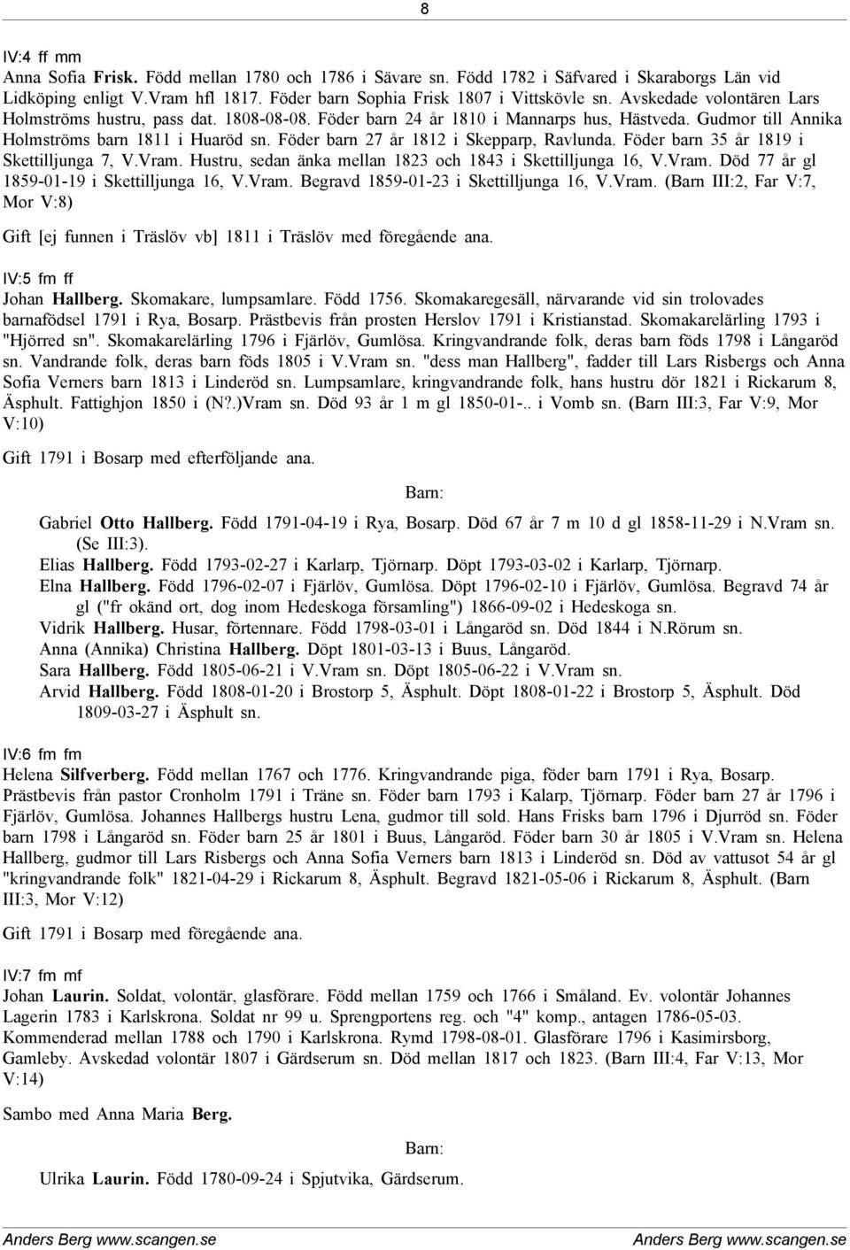 Föder barn 27 år 1812 i Skepparp, Ravlunda. Föder barn 35 år 1819 i Skettilljunga 7, V.Vram. Hustru, sedan änka mellan 1823 och 1843 i Skettilljunga 16, V.Vram. Död 77 år gl 1859-01-19 i Skettilljunga 16, V.