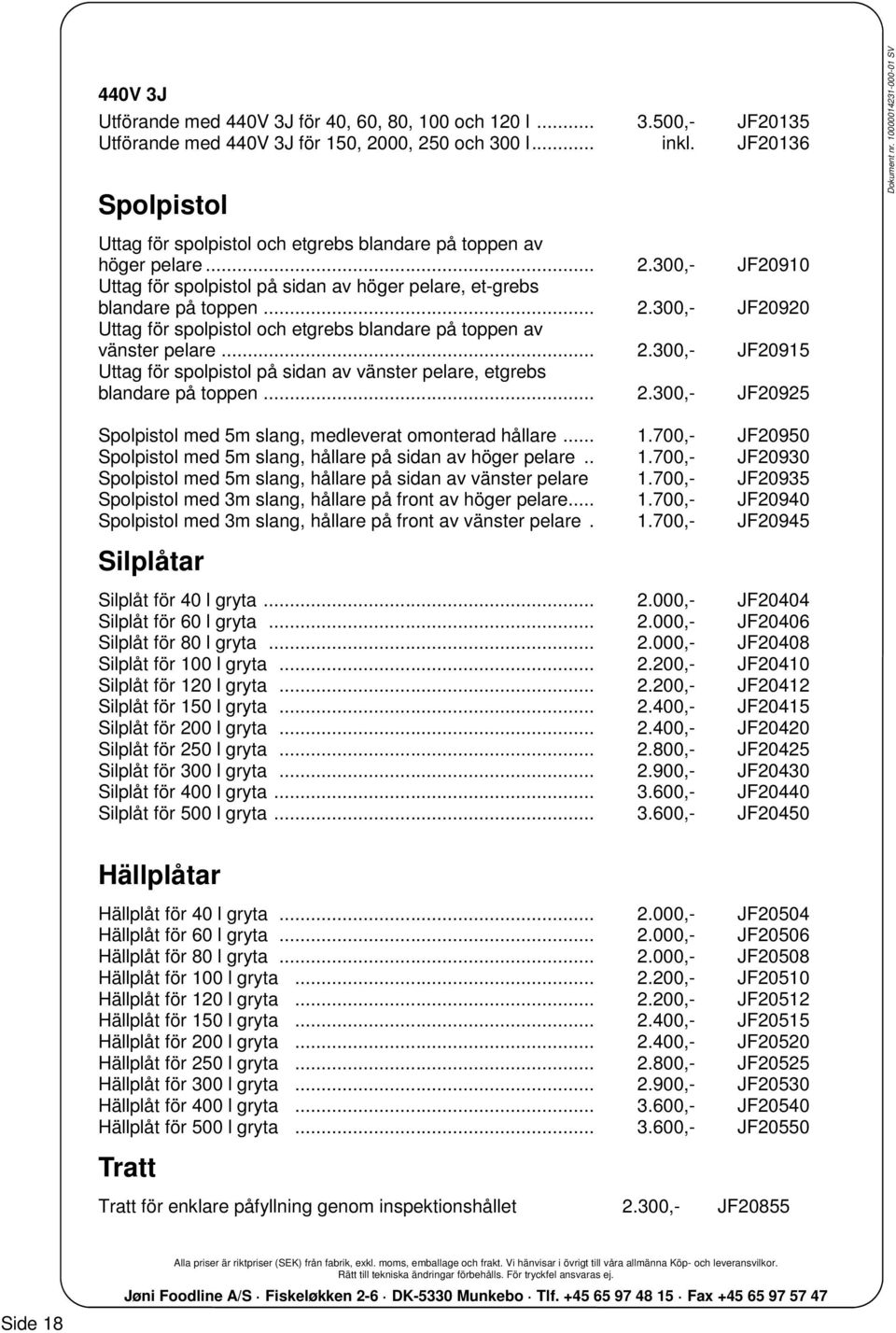 .. 2.300,- JF20915 Uttag för spolpistol på sidan av vänster pelare, etgrebs blandare på toppen... 2.300,- JF20925 Spolpistol med 5m slang, medleverat omonterad hållare... 1.