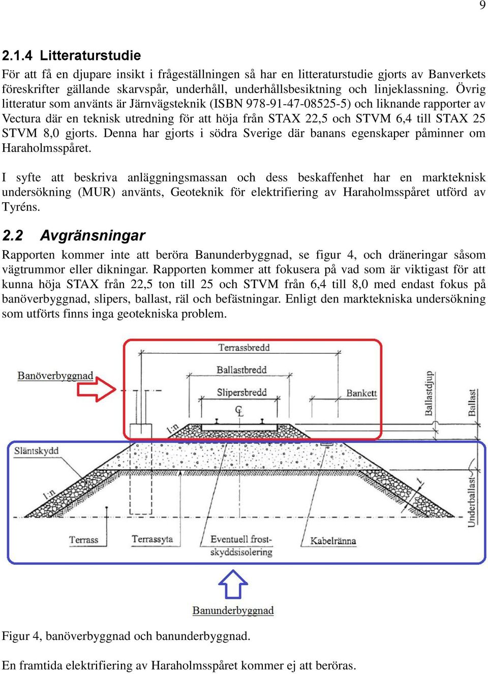 Övrig litteratur som använts är Järnvägsteknik (ISBN 978-91-47-08525-5) och liknande rapporter av Vectura där en teknisk utredning för att höja från STAX 22,5 och STVM 6,4 till STAX 25 STVM 8,0
