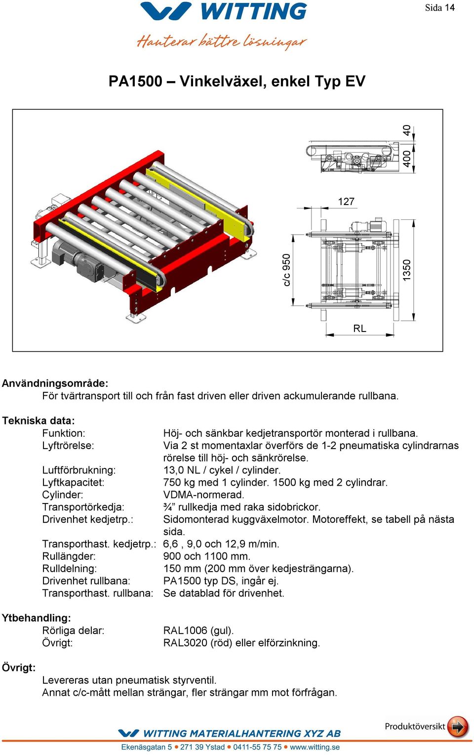 Luftförbrukning: 13,0 NL / cykel / cylinder. Lyftkapacitet: 750 kg med 1 cylinder. 1500 kg med 2 cylindrar. Cylinder: VDMA-normerad. Transportörkedja: ¾ rullkedja med raka sidobrickor.