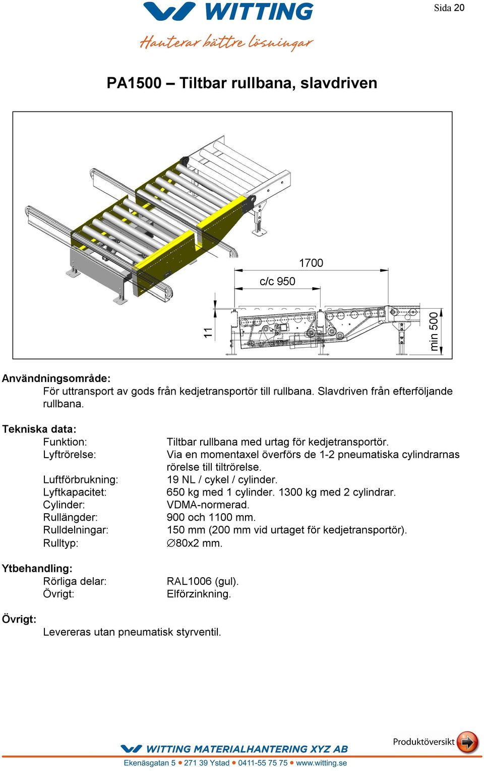 Funktion: Lyftrörelse: Luftförbrukning: Lyftkapacitet: Cylinder: Rullängder: Rulldelningar: Rulltyp: Rörliga delar: Tiltbar rullbana med urtag för