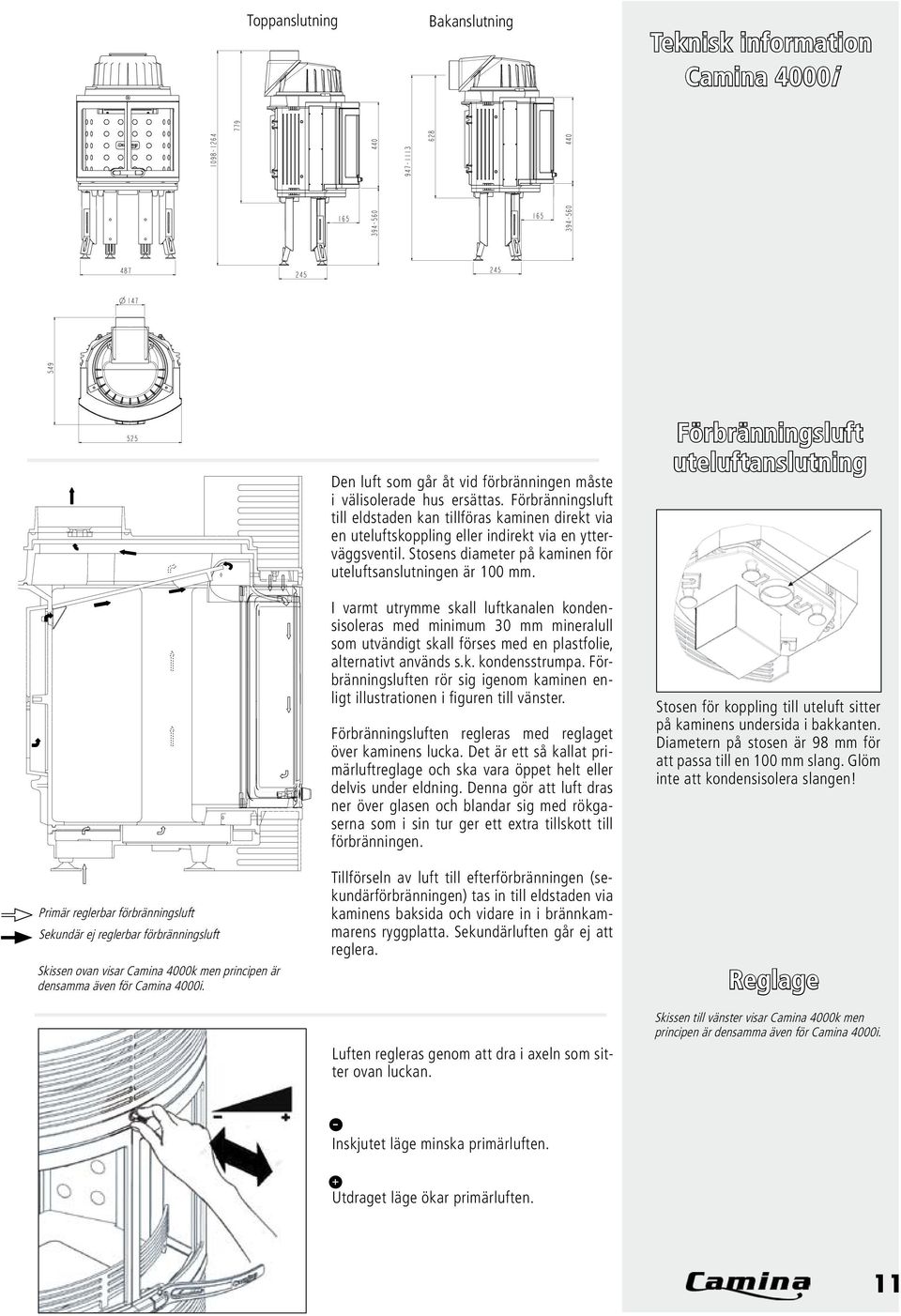 Förbränningsluft till eldstaden kan tillföras kaminen direkt via en uteluftskoppling eller indirekt via en ytterväggsventil. Stosens diameter på kaminen för uteluftsanslutningen är 100 mm.