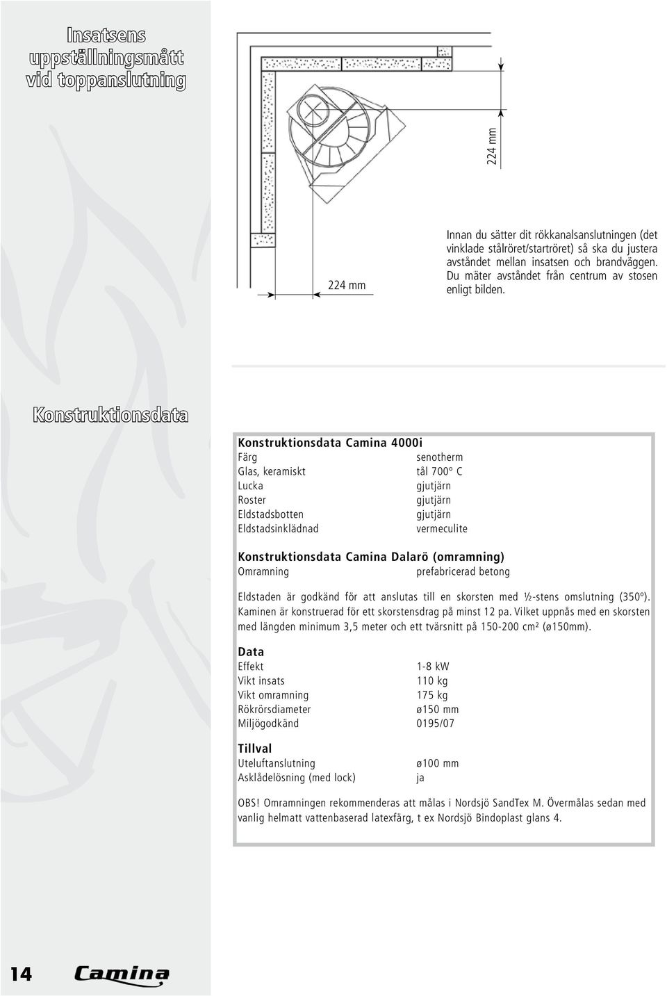 Konstruktionsdata Konstruktionsdata Camina 4000i Färg senotherm Glas, keramiskt tål 700º C Lucka gjutjärn Roster gjutjärn Eldstadsbotten gjutjärn Eldstadsinklädnad vermeculite Konstruktionsdata