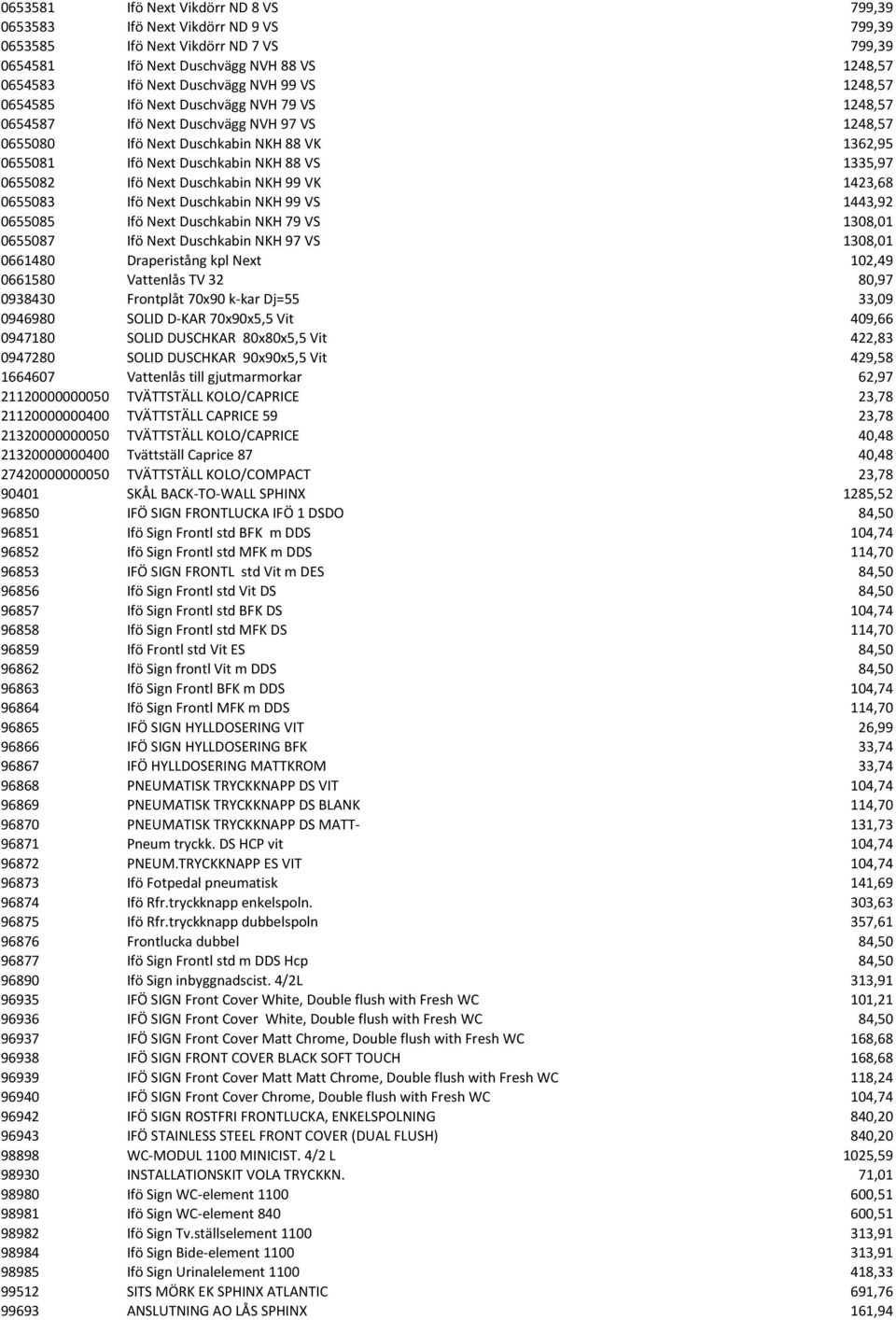 0655082 Ifö Next Duschkabin NKH 99 VK 1423,68 0655083 Ifö Next Duschkabin NKH 99 VS 1443,92 0655085 Ifö Next Duschkabin NKH 79 VS 1308,01 0655087 Ifö Next Duschkabin NKH 97 VS 1308,01 0661480