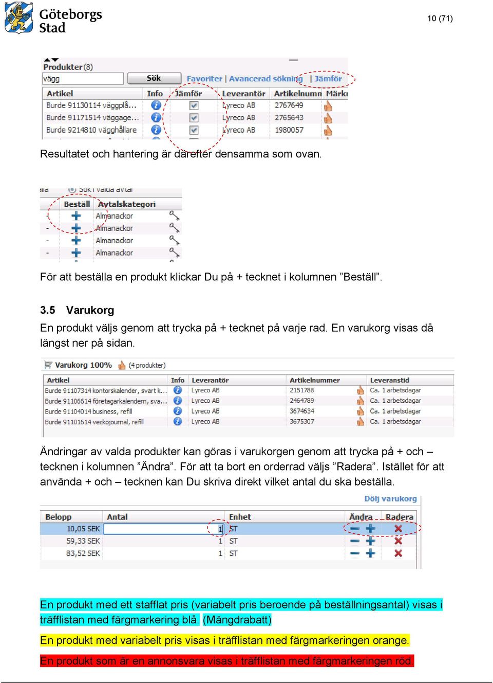 Ändringar av valda produkter kan göras i varukorgen genom att trycka på + och tecknen i kolumnen Ändra. För att ta bort en orderrad väljs Radera.