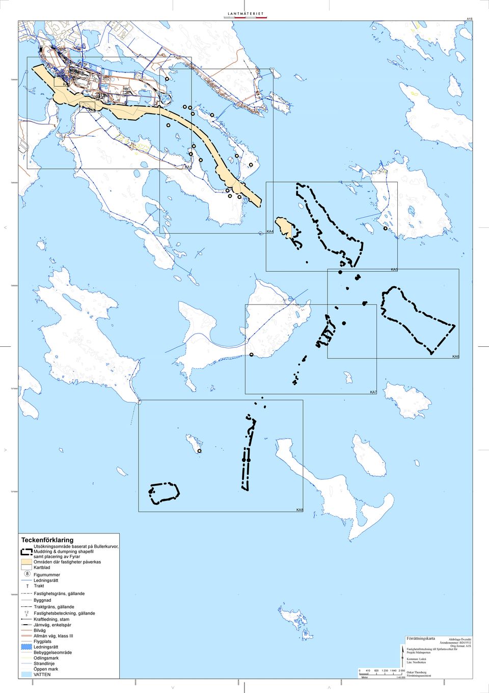 enkelspår Bilväg Allmän väg, klass III Flygplats Ledningsrätt Bebyggelseområde Odlingsmark Strandlinje Öppen mark VATTEN 0 410 Meter 820 1 230 1 640 2 050 1:40 000 Förrättningskarta Aktbilaga