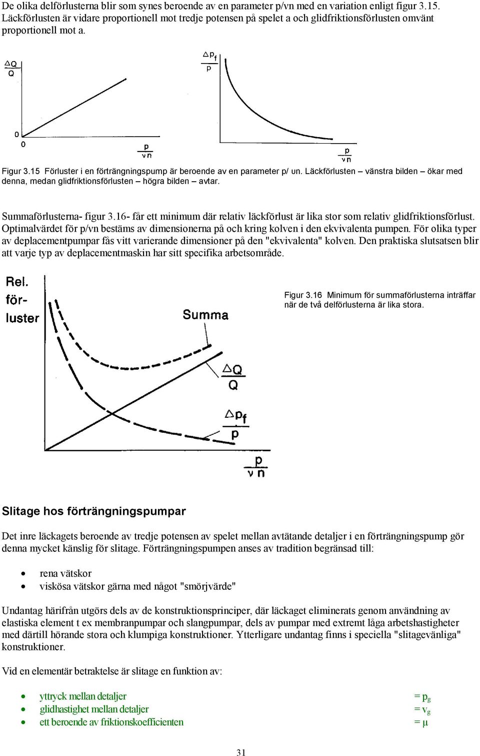 15 Förluster i en förträngningspump är beroende av en parameter p/ υn. Läckförlusten vänstra bilden ökar med denna, medan glidfriktionsförlusten högra bilden avtar. Summaförlusterna- figur 3.