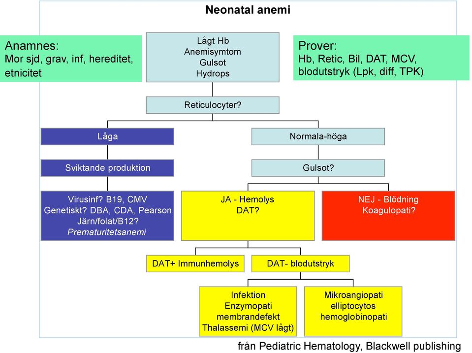 DBA, CDA, Pearson Järn/folat/B12? Prematuritetsanemi JA - Hemolys DAT? NEJ - Blödning Koagulopati?