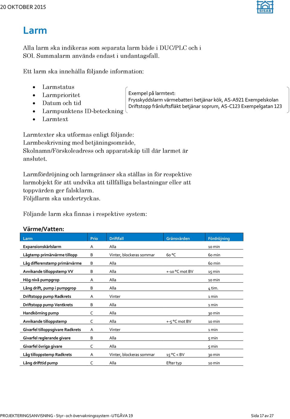 Exempelskolan Driftstopp frånluftsfläkt betjänar soprum, AS-C123 Exempelgatan 123 Larmtexter ska utformas enligt följande: Larmbeskrivning med betjäningsområde, Skolnamn/Förskoleadress och