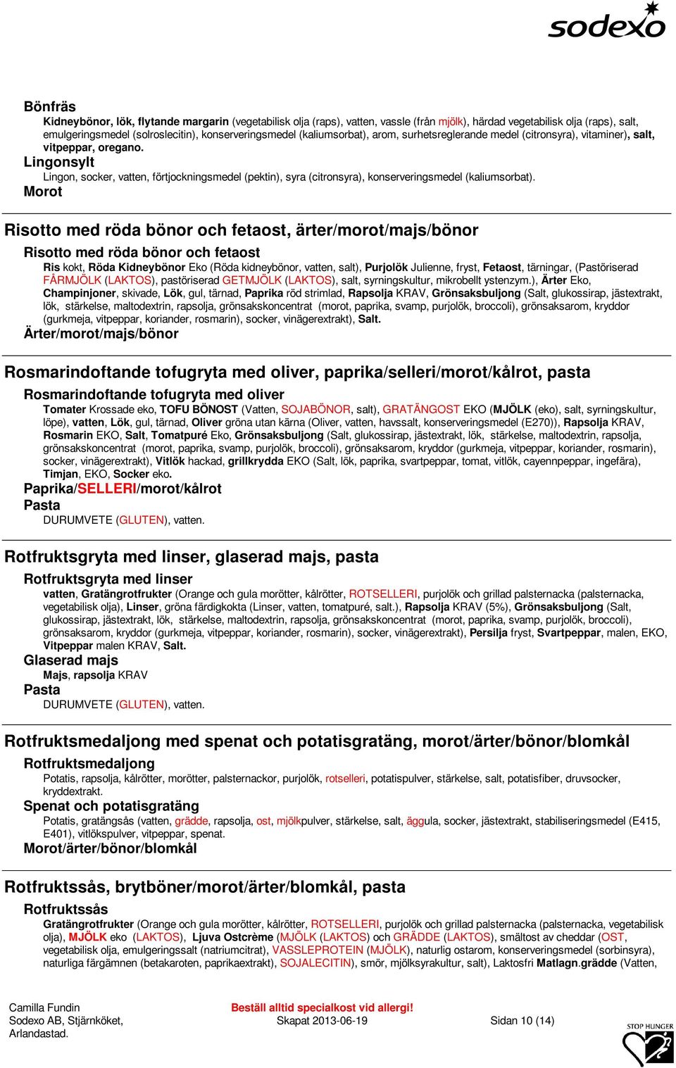 Lingonsylt Lingon, socker, vatten, förtjockningsmedel (pektin), syra (citronsyra), konserveringsmedel (kaliumsorbat).