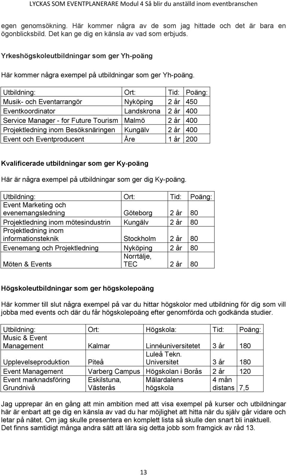 Utbildning: Ort: Tid: Poäng: Musik- och Eventarrangör Nyköping 2 år 450 Eventkoordinator Landskrona 2 år 400 Service Manager - for Future Tourism Malmö 2 år 400 Projektledning inom Besöksnäringen