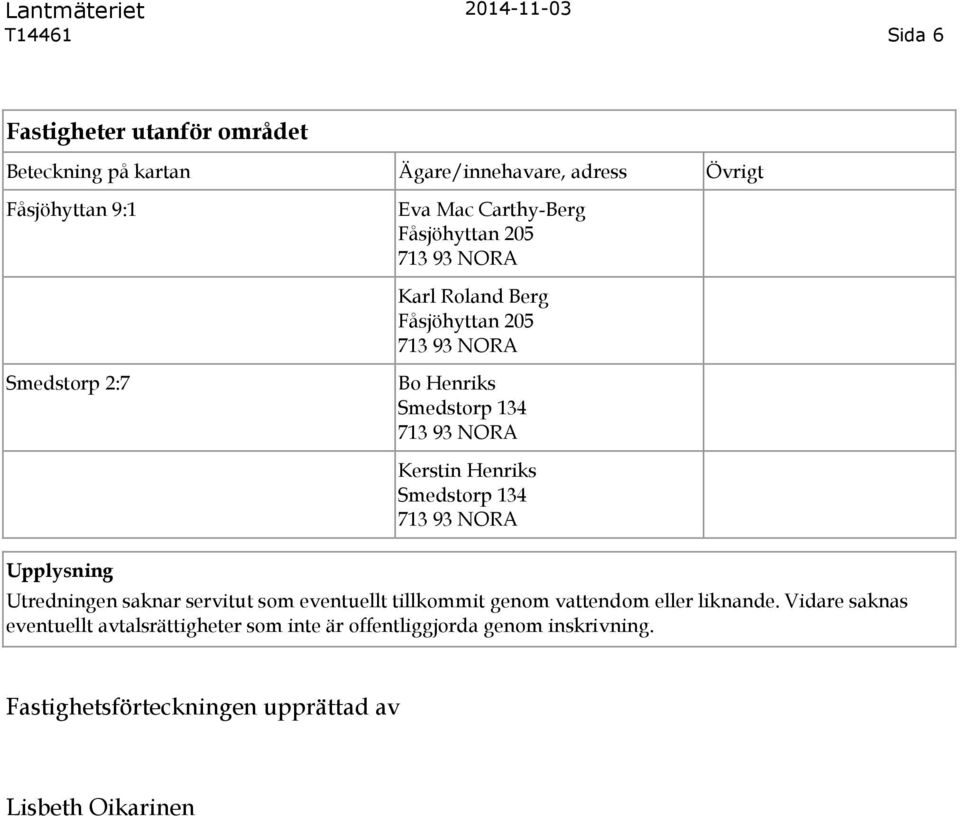 Upplysning Kerstin Henriks Smedstorp 134 Utredningen saknar servitut som eventuellt tillkommit genom vattendom eller liknande.