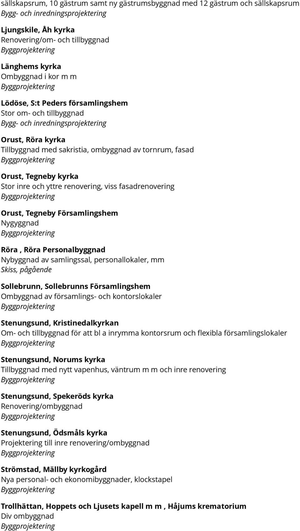 Tegneby Församlingshem Nygyggnad Röra, Röra Personalbyggnad Nybyggnad av samlingssal, personallokaler, mm Skiss, pågående Sollebrunn, Sollebrunns Församlingshem Ombyggnad av församlings- och