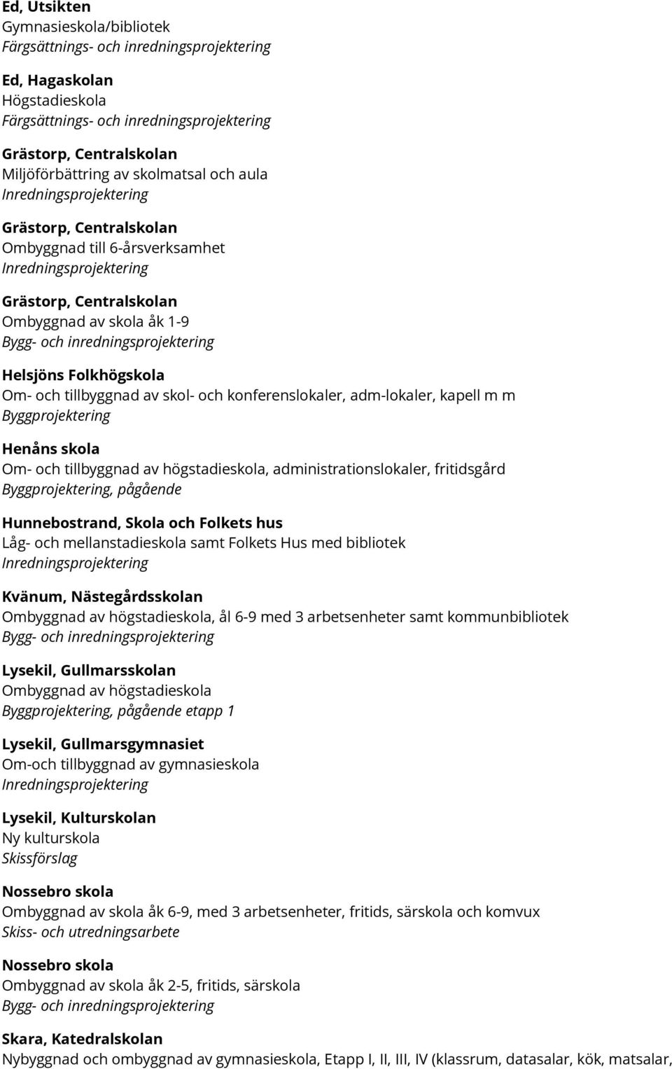 adm-lokaler, kapell m m Henåns skola Om- och tillbyggnad av högstadieskola, administrationslokaler, fritidsgård, pågående Hunnebostrand, Skola och Folkets hus Låg- och mellanstadieskola samt Folkets