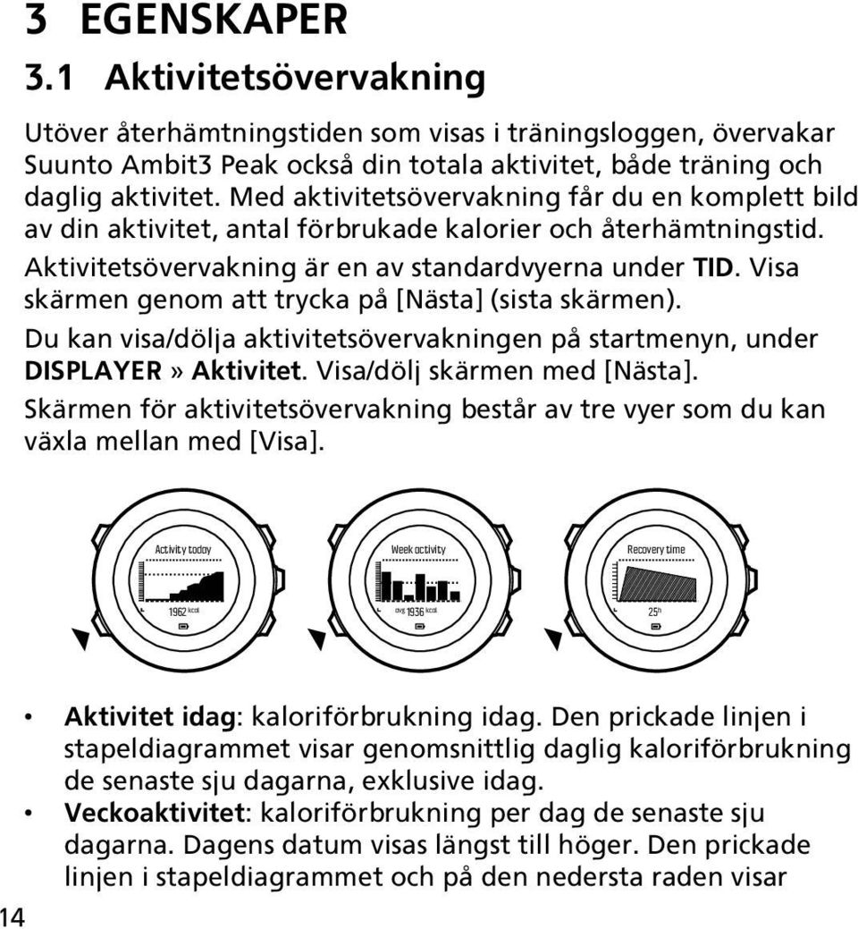 Visa skärmen genom att trycka på [Nästa] (sista skärmen). Du kan visa/dölja aktivitetsövervakningen på startmenyn, under DISPLAYER» Aktivitet. Visa/dölj skärmen med [Nästa].