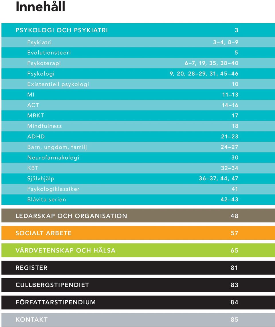 27 Neurofarmakologi 30 KBT 32 34 Självhjälp 36 37, 44, 47 Psykologiklassiker 41 Blåvita serien 42 43 LEDARSKAP OCH