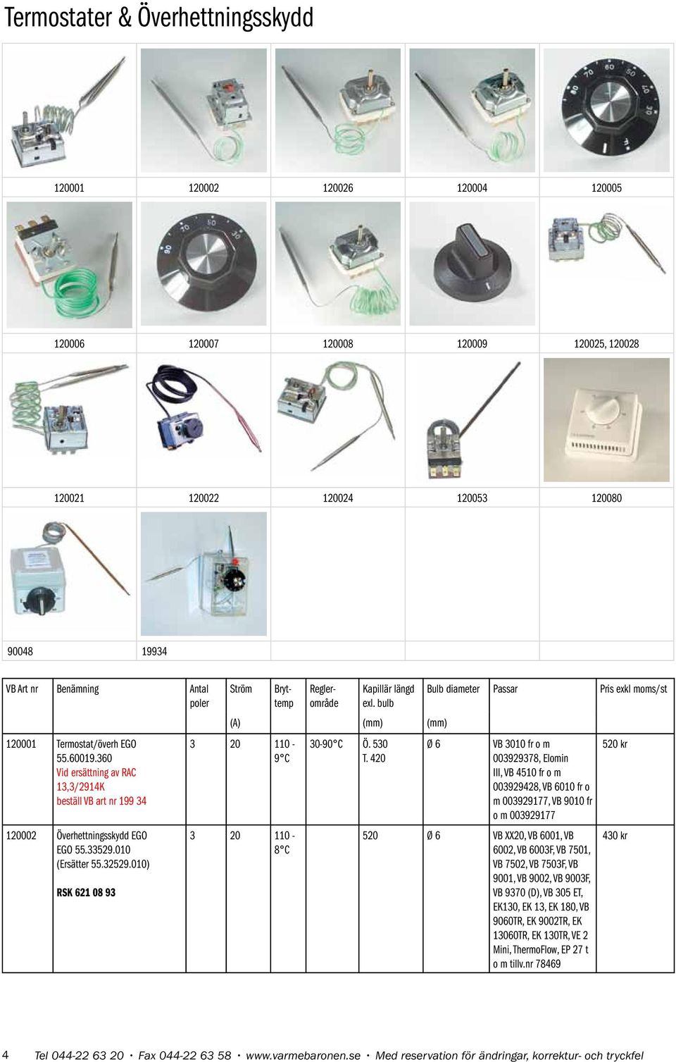 010) RSK 621 08 93 Ström Bryttemp Reglerområde Kapillär längd exl. bulb (A) (mm) (mm) 3 20 110-9 C 3 20 110-8 C 30-90 C Ö. 530 T.