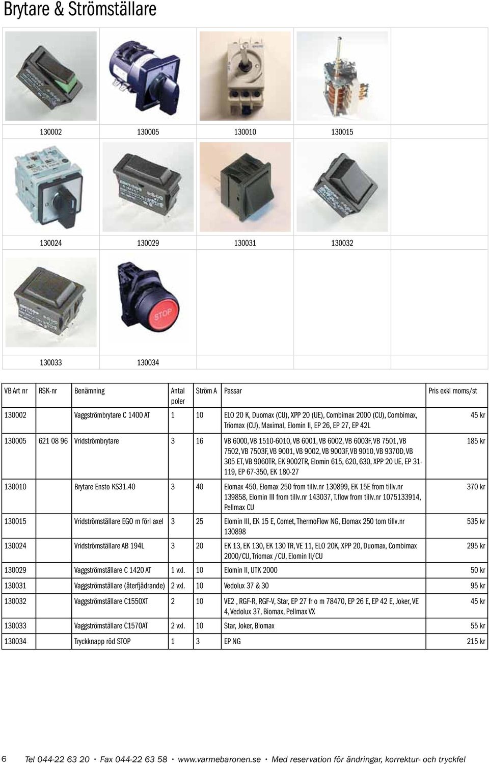 6001, VB 6002, VB 6003F, VB 7501, VB 7502, VB 7503F, VB 9001, VB 9002, VB 9003F, VB 9010, VB 9370D, VB 305 ET, VB 9060TR, EK 9002TR, Elomin 615, 620, 630, XPP 20 UE, EP 31-119, EP 67-350, EK 180-27