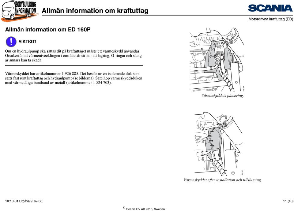 Det består av en isolerande duk som sätts fast runt kraftuttag och hydraulpump (se bilderna).