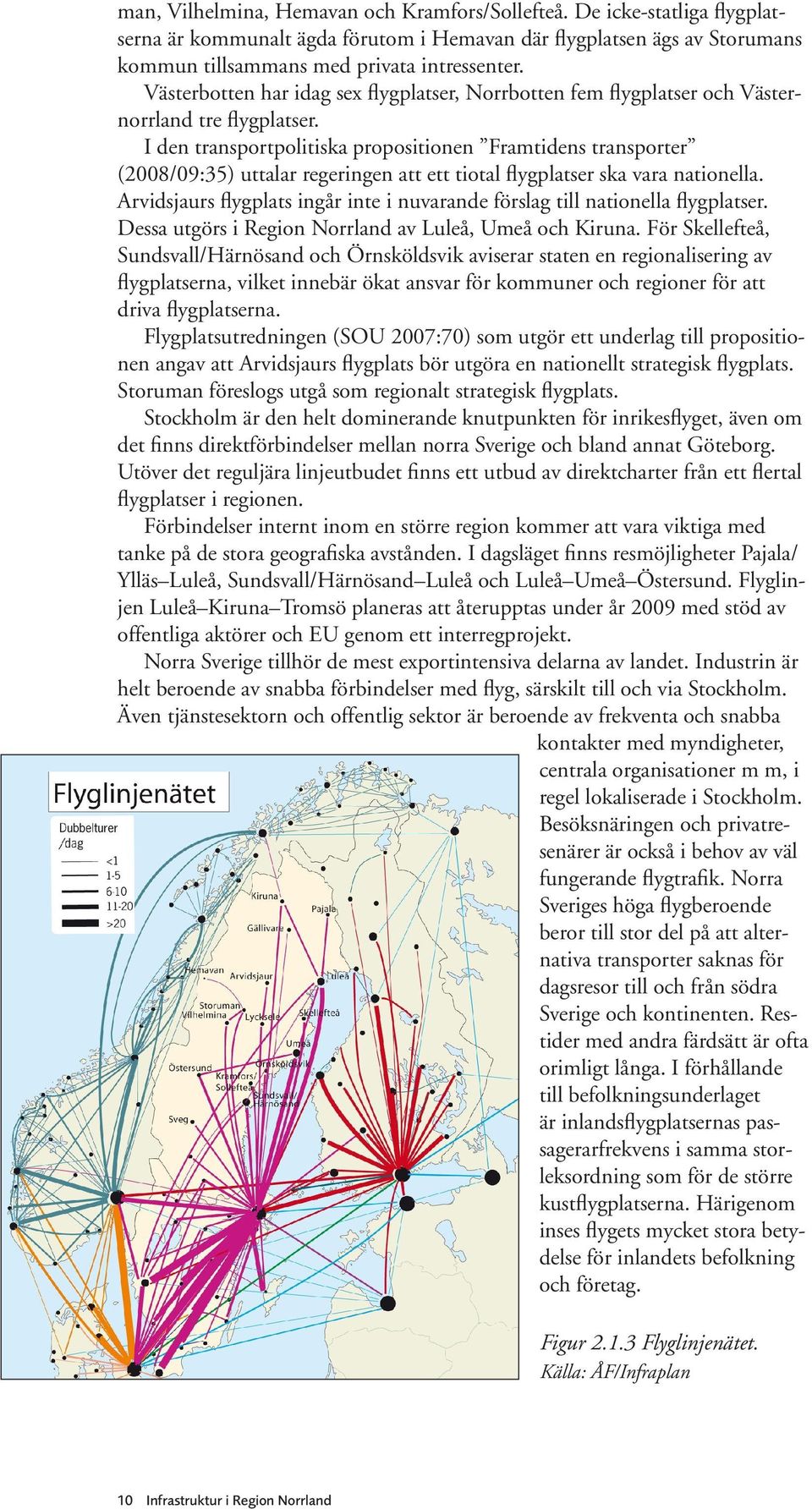 I den transportpolitiska propositionen Framtidens transporter (2008/09:35) uttalar regeringen att ett tiotal flygplatser ska vara nationella.