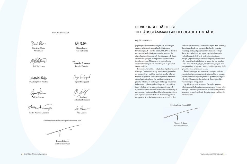 granskat årsredovisningen och bokföringen samt styrelsens och verkställande direktörens förvaltning i AB Timråbo för år 2008.