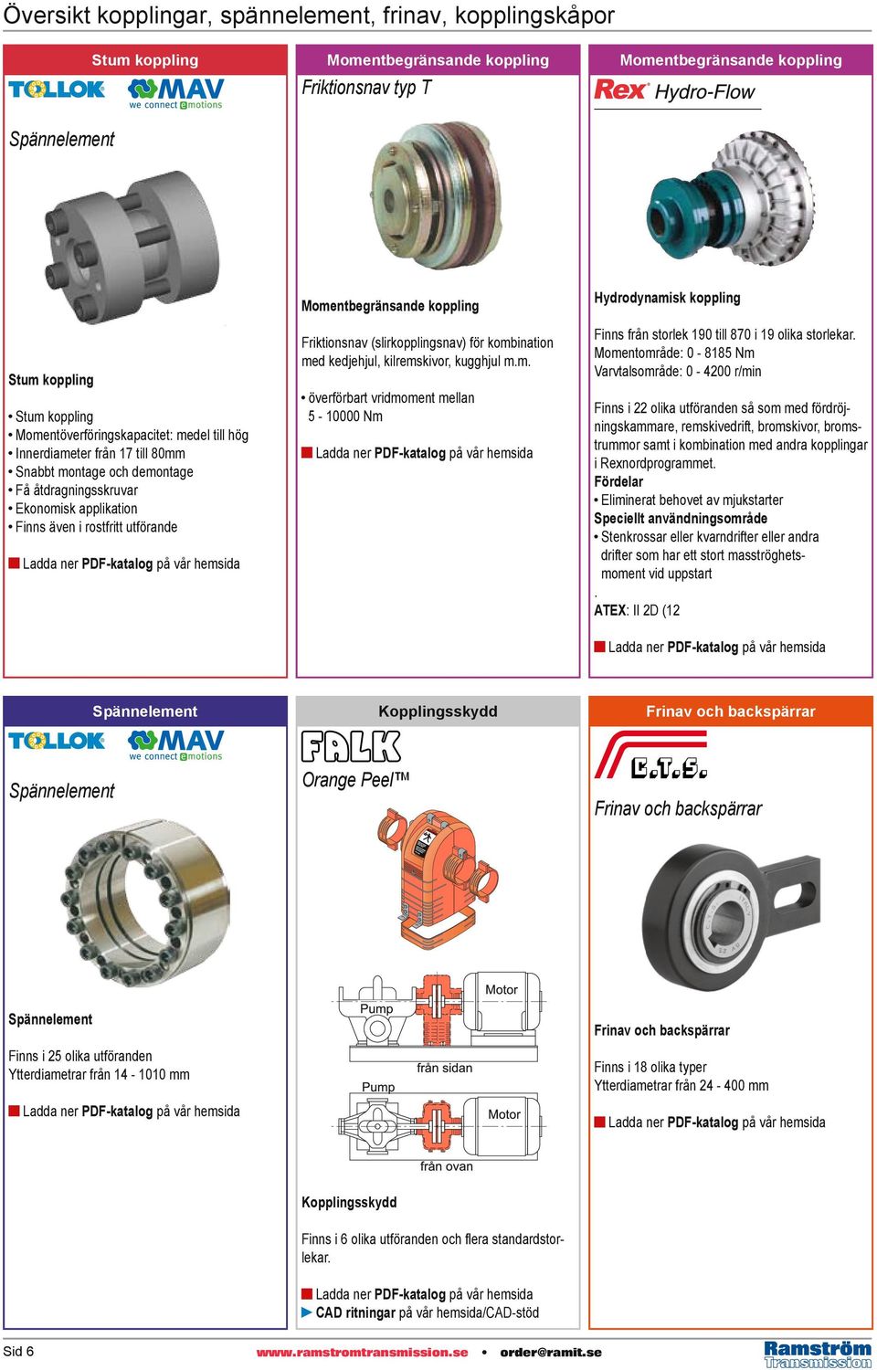 koppling Friktionsnav (slirkopplingsnav) för kombination med kedjehjul, kilremskivor, kugghjul m.m. överförbart vridmoment mellan 5-10000 Nm Hydrodynamisk koppling Finns från storlek 190 till 870 i 19 olika storlekar.