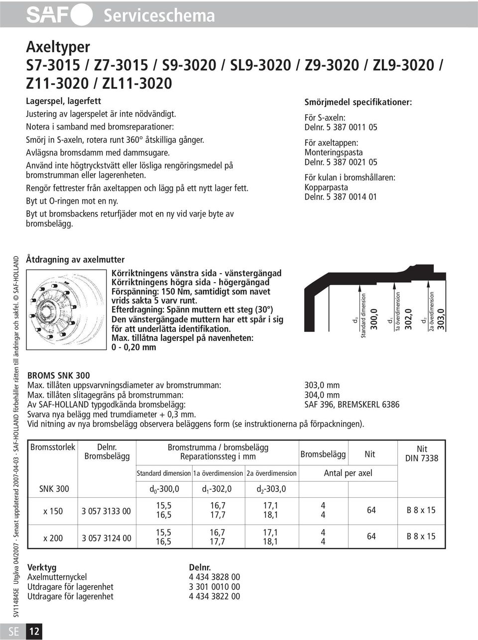 Använd inte högtryckstvätt eller lösliga rengöringsmedel på bromstrumman eller lagerenheten. Rengör fettrester från axeltappen och lägg på ett nytt lager fett. Byt ut O-ringen mot en ny.