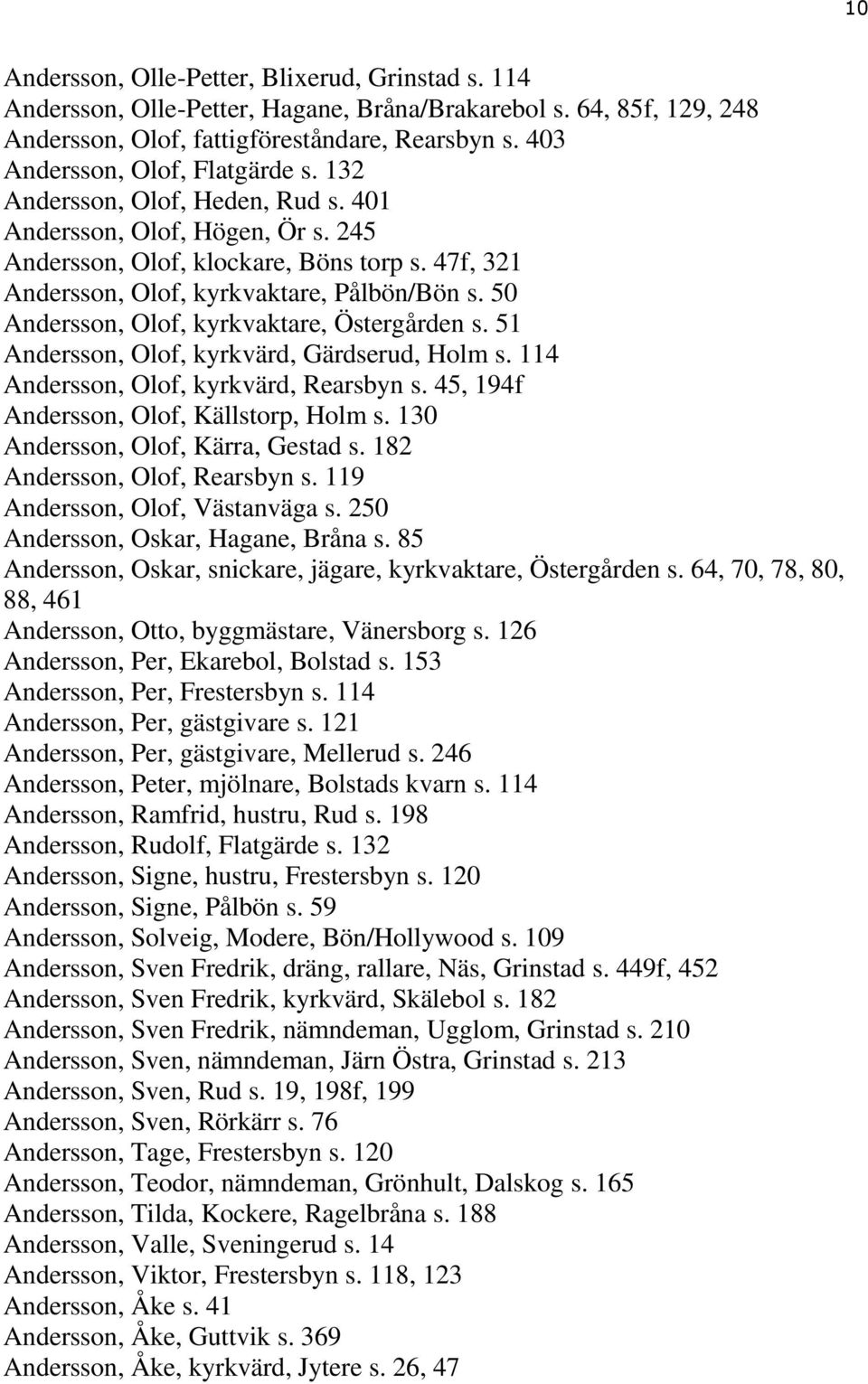 50 Andersson, Olof, kyrkvaktare, Östergården s. 51 Andersson, Olof, kyrkvärd, Gärdserud, Holm s. 114 Andersson, Olof, kyrkvärd, Rearsbyn s. 45, 194f Andersson, Olof, Källstorp, Holm s.