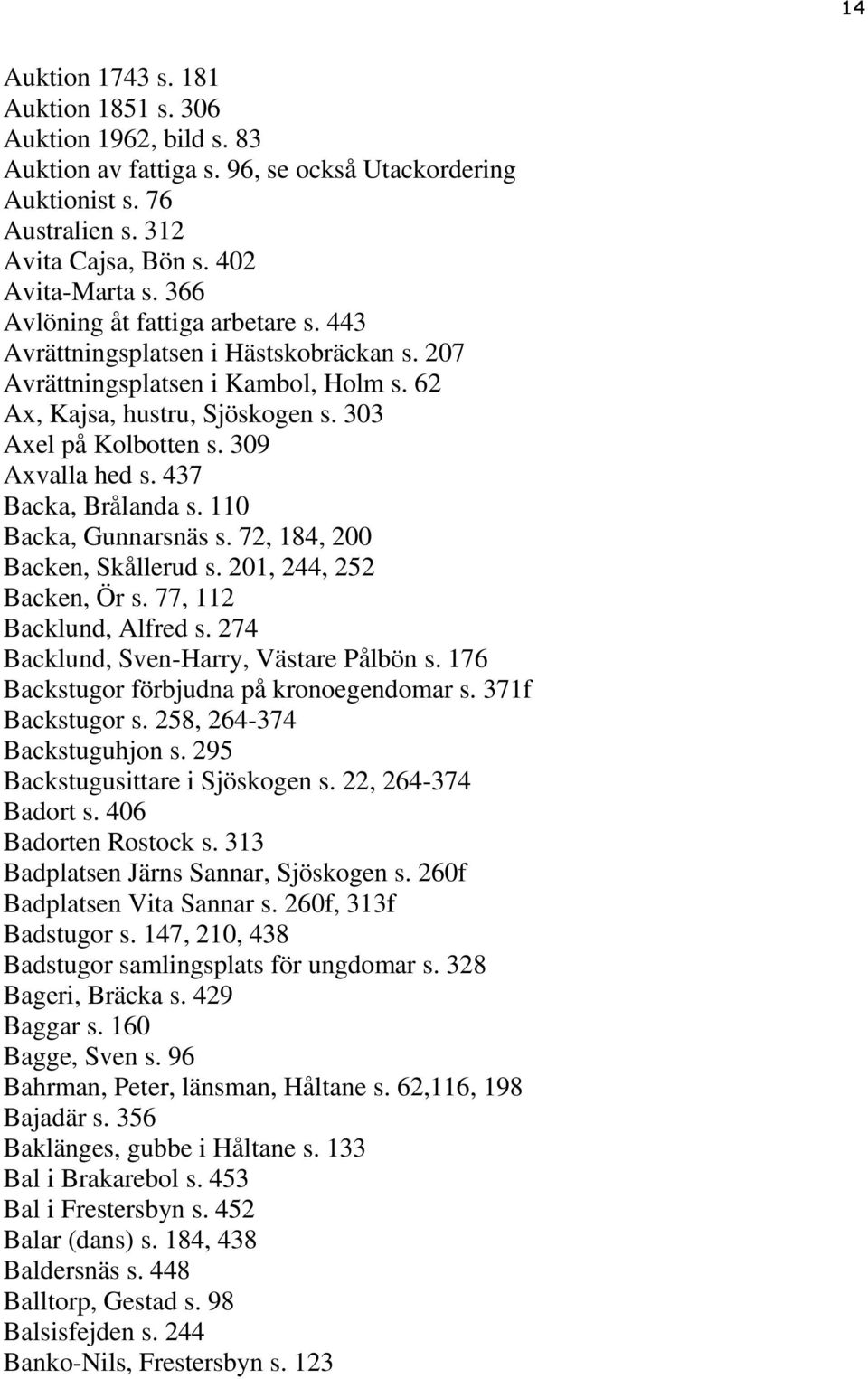 437 Backa, Brålanda s. 110 Backa, Gunnarsnäs s. 72, 184, 200 Backen, Skållerud s. 201, 244, 252 Backen, Ör s. 77, 112 Backlund, Alfred s. 274 Backlund, Sven-Harry, Västare Pålbön s.