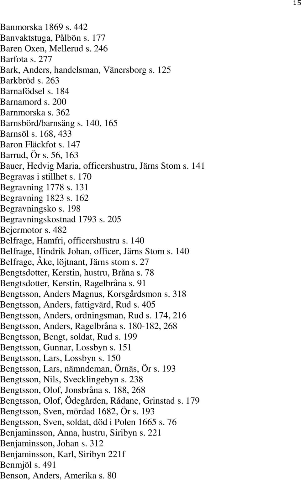 170 Begravning 1778 s. 131 Begravning 1823 s. 162 Begravningsko s. 198 Begravningskostnad 1793 s. 205 Bejermotor s. 482 Belfrage, Hamfri, officershustru s.