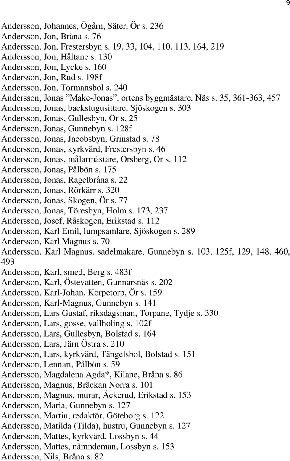 303 Andersson, Jonas, Gullesbyn, Ör s. 25 Andersson, Jonas, Gunnebyn s. 128f Andersson, Jonas, Jacobsbyn, Grinstad s. 78 Andersson, Jonas, kyrkvärd, Frestersbyn s.