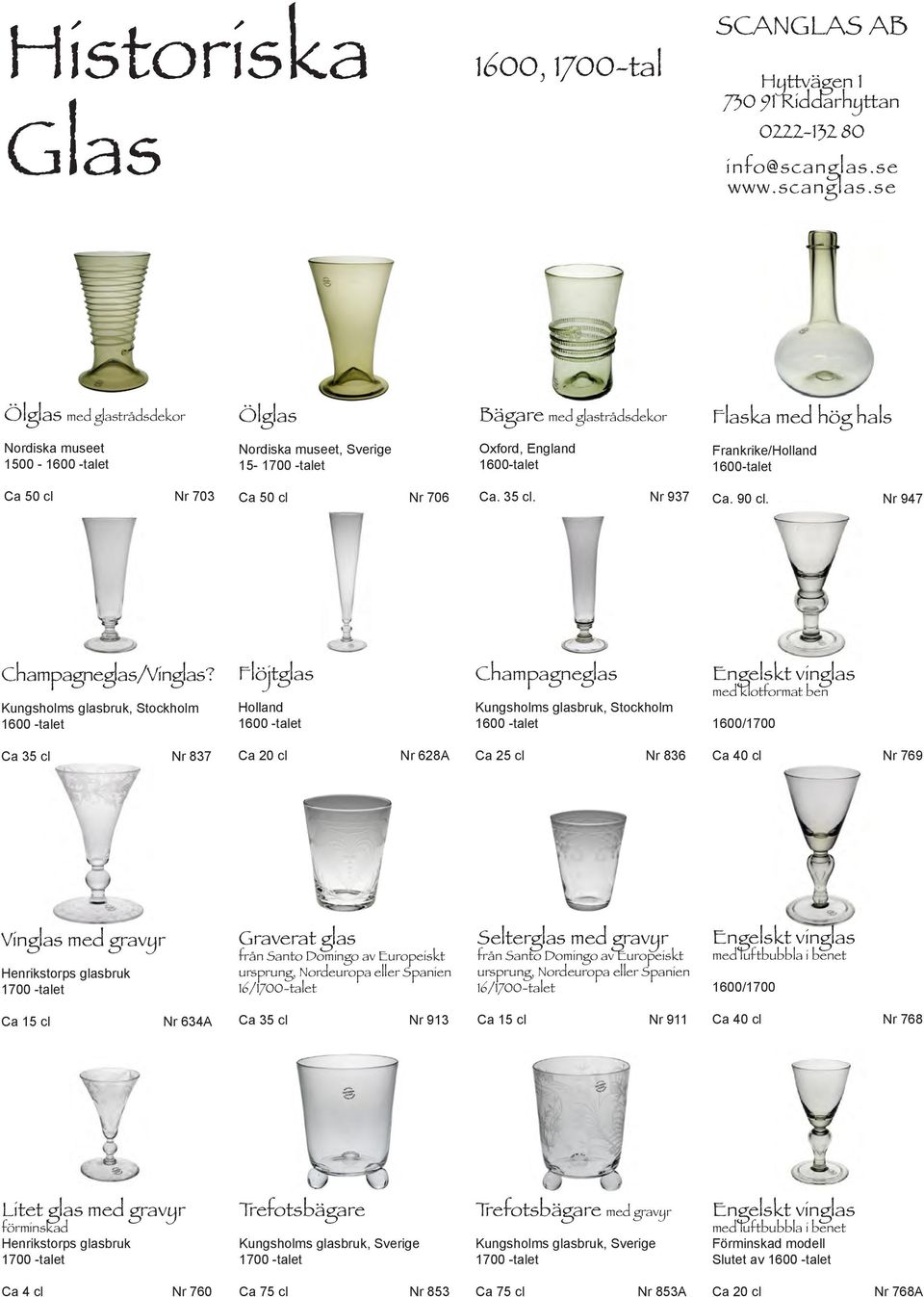 Kungsholms glasbruk, Stockholm 1600 -talet Flöjtglas Holland 1600 -talet Champagneglas Kungsholms glasbruk, Stockholm 1600 -talet Engelskt vinglas med klotformat ben 1600/1700 Ca 35 cl Nr 837 Ca 20