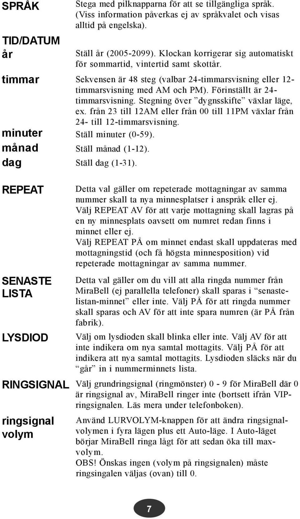 Stegning över dygnsskifte växlar läge, ex. från 23 till 12AM eller från 00 till 11PM växlar från 24- till 12-timmarsvisning. Ställ minuter (0-59). Ställ månad (1-12). Ställ dag (1-31).