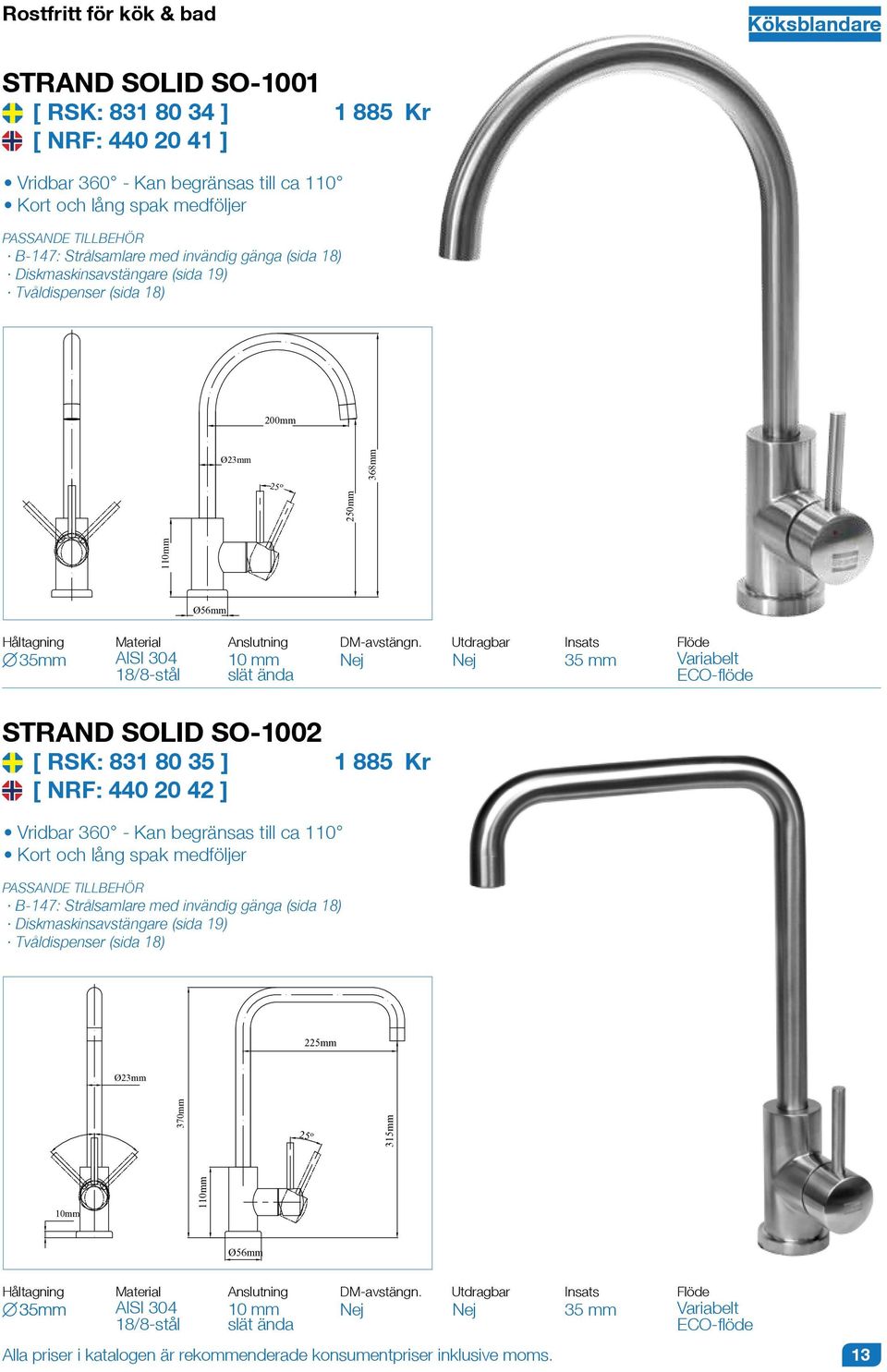 Utdragbar 35 mm STRAND SOLID SO-1002 [ RSK: 831 80 35 ] [ NRF: 440 20 42 ] 1 885 Vridbar 360 - Kan begränsas till ca 110 Kort och lång spak medföljer B-147: Strålsamlare med invändig