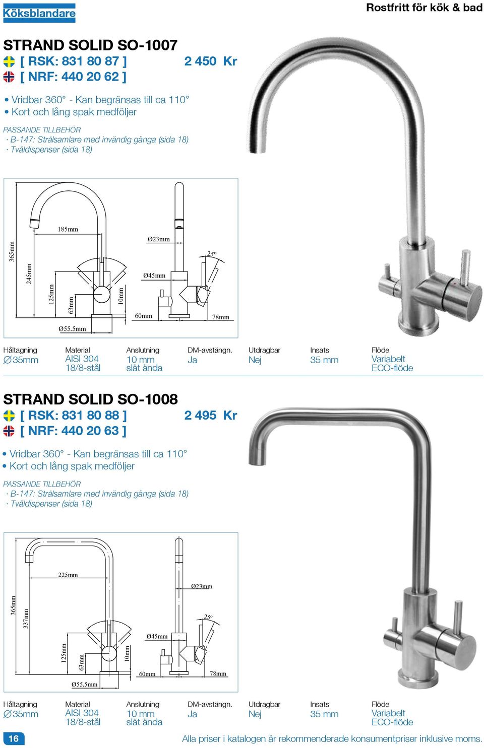 Ja Utdragbar 35 mm STRAND SOLID SO-1008 [ RSK: 831 80 88 ] [ NRF: 440 20 63 ] 2 495 Vridbar 360 - Kan begränsas till ca 110 Kort och lång spak medföljer B-147: Strålsamlare med