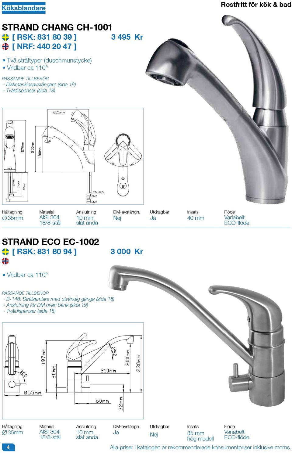 Utdragbar Ja 40 mm STRAND ECO EC-1002 [ RSK: 831 80 94 ] 3 000 Vridbar ca 110 B-148: Strålsamlare med utvändig gänga (sida 18) för