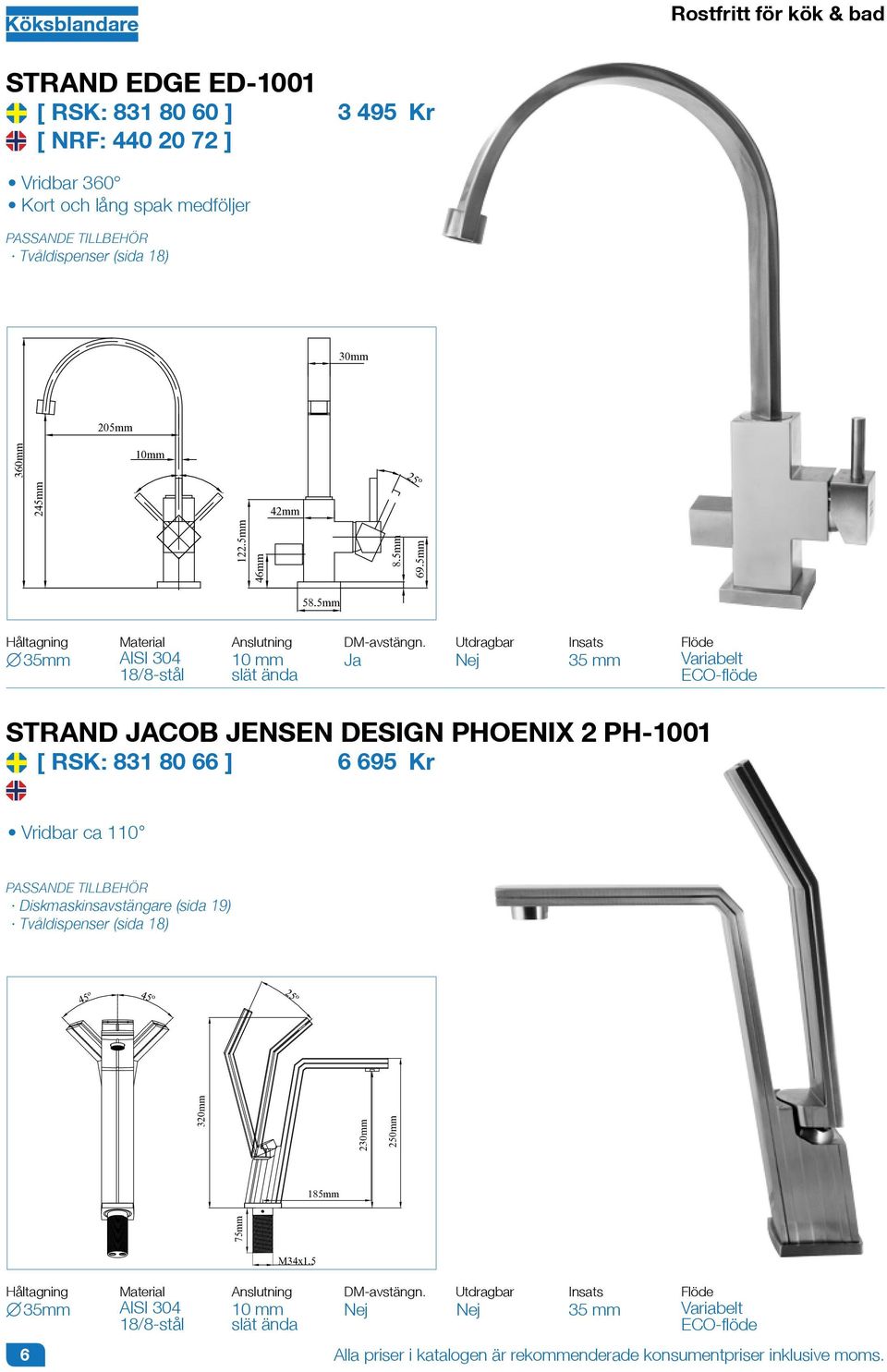 Ja Utdragbar 35 mm STRAND JACOB JENSEN DESIGN PHOENIX 2 PH-1001 [ RSK: 831 80 66 ] 6 695 Vridbar ca 110 Diskmaskinsavstängare (sida 19)