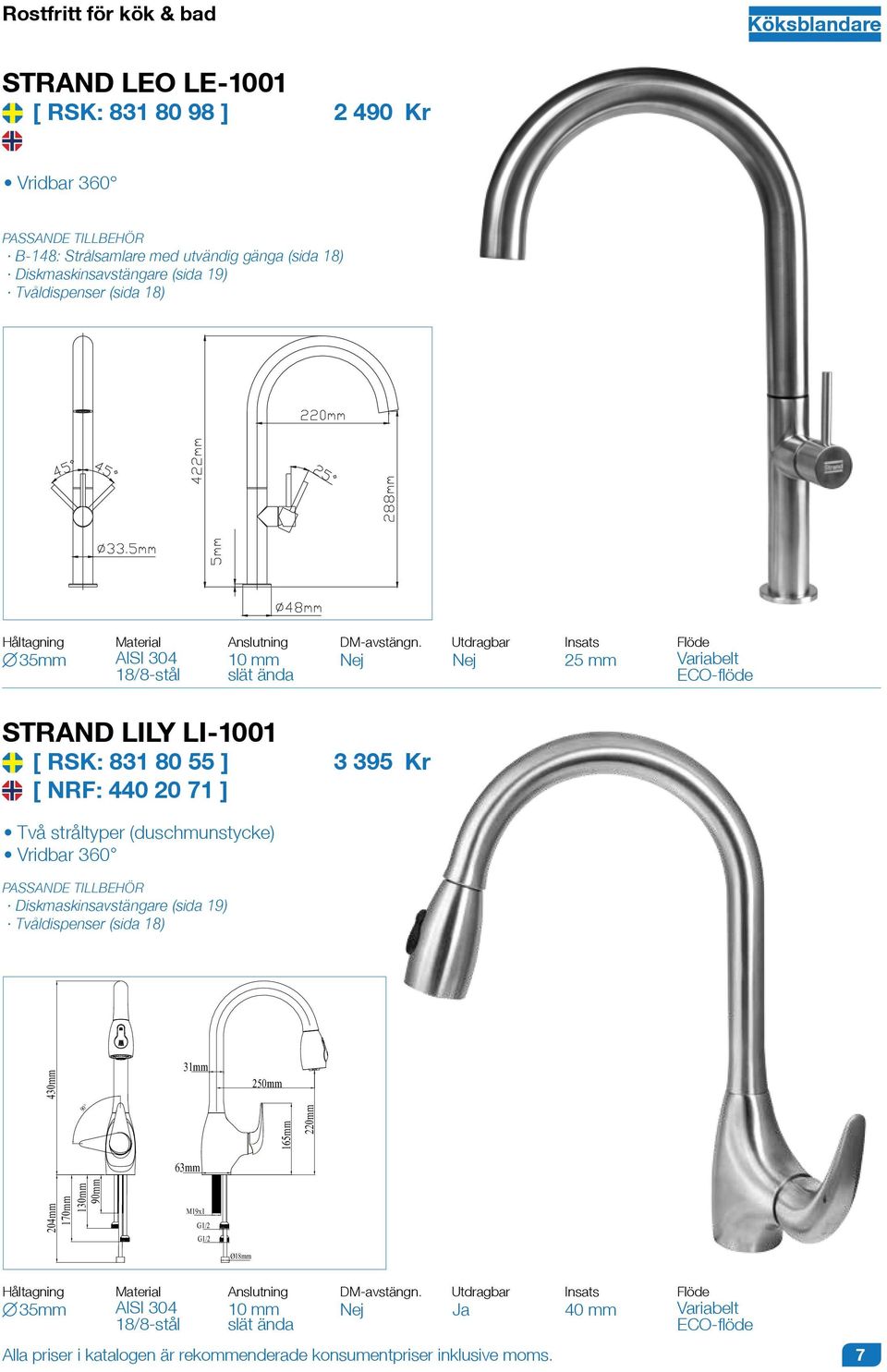 Utdragbar 25 mm STRAND LILY LI-1001 [ RSK: 831 80 55 ] [ NRF: 440 20 71 ] Två stråltyper (duschmunstycke) Vridbar 360 Diskmaskinsavstängare (sida