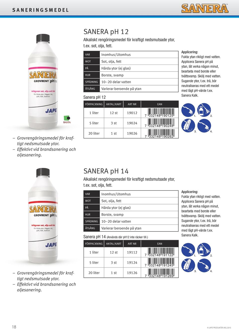 Applicera Sanera ph på ytan, låt verka någon minut, bearbeta med borste eller tvättsvamp. Skölj med vatten. Sugande ytor, t.ex. trä, bör neutraliseras med ett medel med lågt ph-värde t.ex. Sanera Kalk.