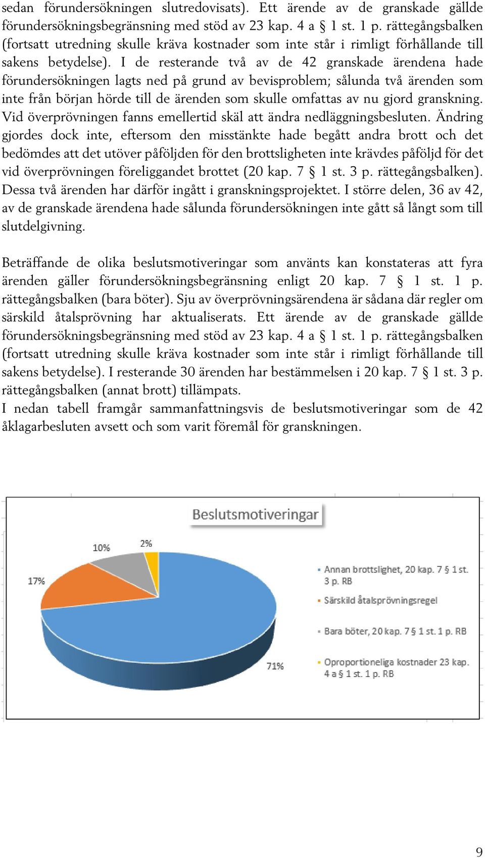 I de resterande två av de 42 granskade ärendena hade förundersökningen lagts ned på grund av bevisproblem; sålunda två ärenden som inte från början hörde till de ärenden som skulle omfattas av nu