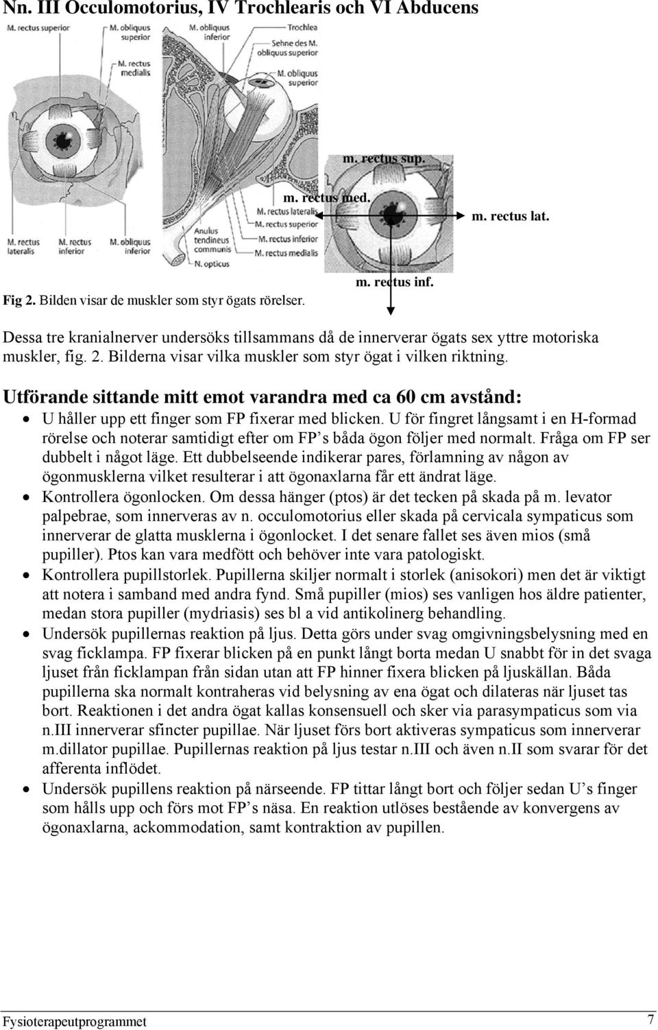 Utförande sittande mitt emot varandra med ca 60 cm avstånd: U håller upp ett finger som FP fixerar med blicken.