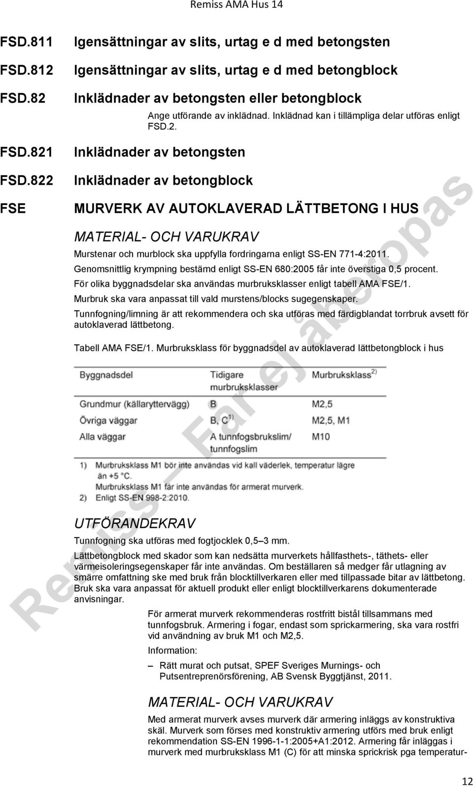 822 FSE Inklädnader av betongsten Inklädnader av betongblock MURVERK AV AUTOKLAVERAD LÄTTBETONG I HUS Murstenar och murblock ska uppfylla fordringarna enligt SS-EN 771-4:2011.