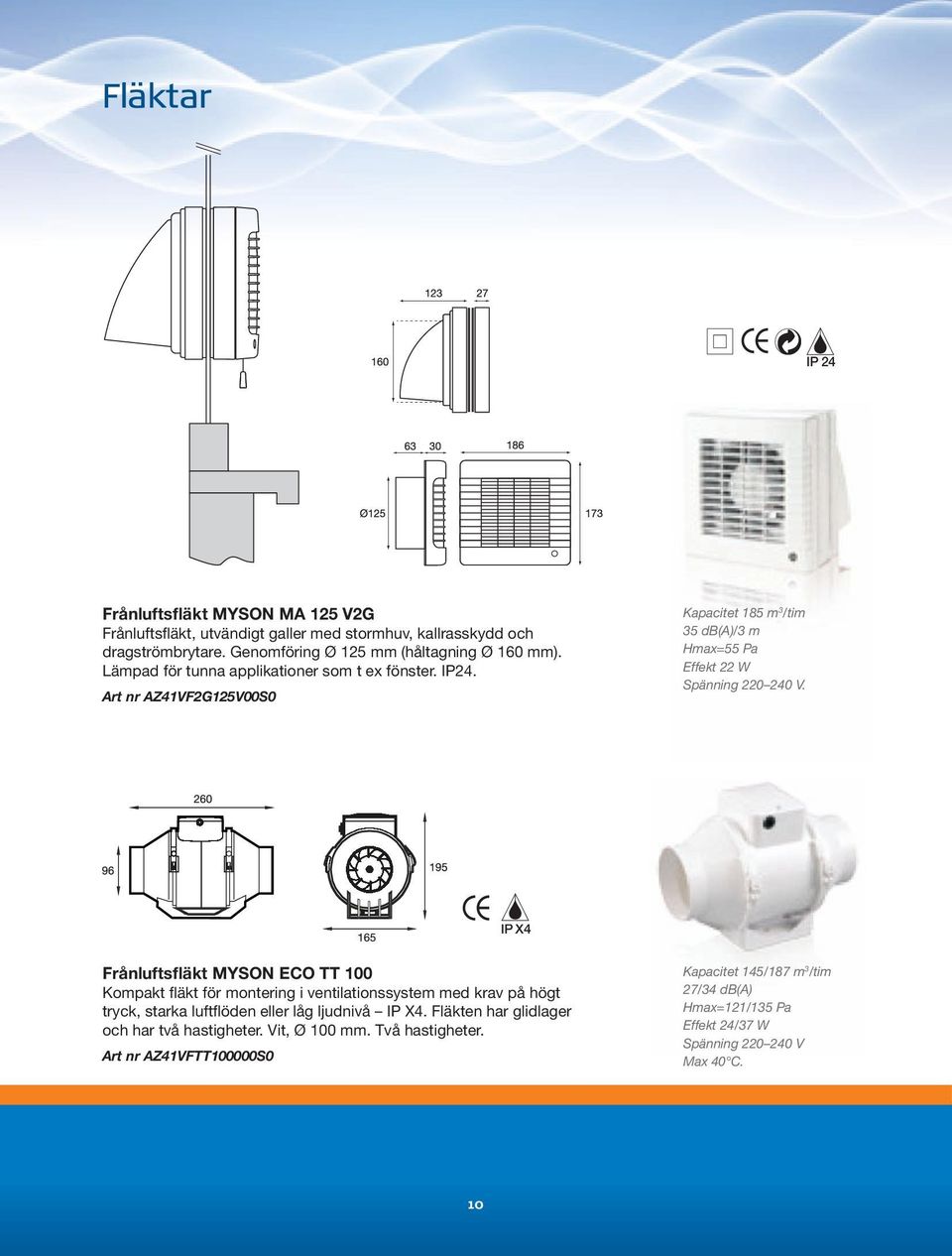 IP X4 Frånluftsfläkt MYSON ECO TT 100 Kompakt fläkt för montering i ventilationssystem med krav på högt tryck, starka luftflöden eller låg ljudnivå IP X4.